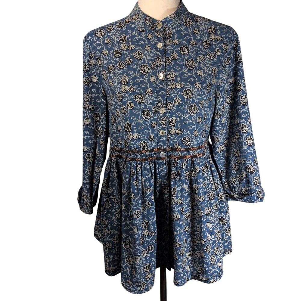 April Cornell Blue Cottage Floral Prairie 3/4 Sleeve Button Cotton Tunic Top Med